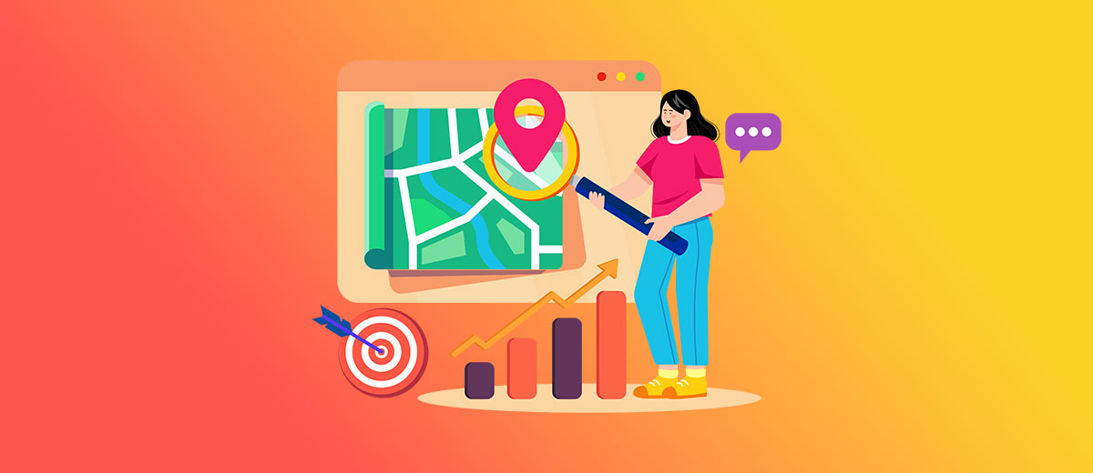 Ilustración de una mujer optimizando un sitio web usando SEO local