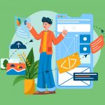 Ilustración de una persona diseñando un sitio web con enfoque *mobile‑first*.