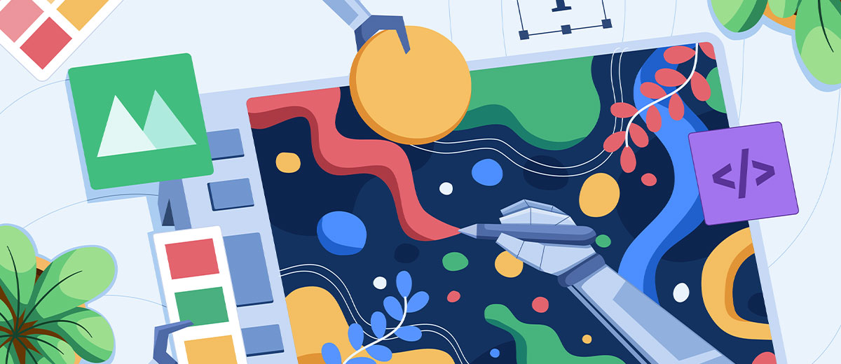 Ilustración de brazos robóticos dibujando formas en una pantalla.