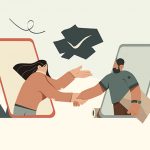 Illustracion de dos personas haciendo contacto por telefono.