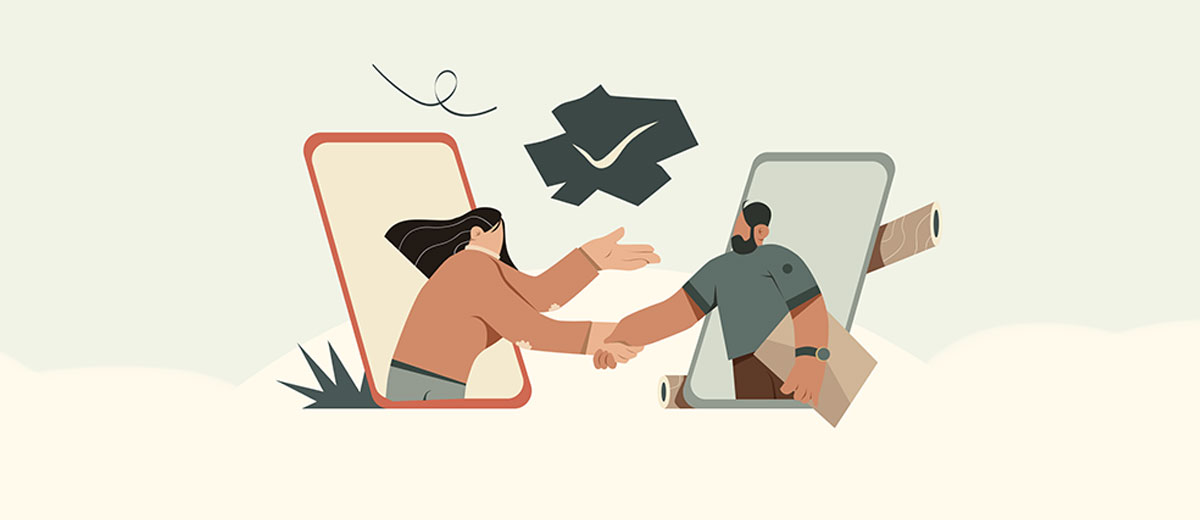 Illustracion de dos personas haciendo contacto por telefono.